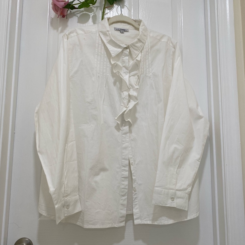 White long sleeve ruffle front blouse 100 percent cotton bust 22 inc across